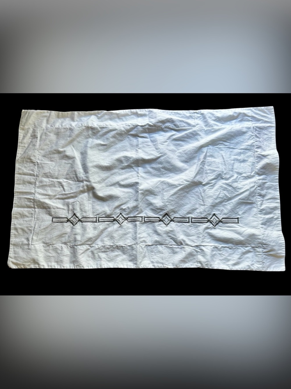 White Embroidered Linen Pillowcase with Geometric Border KING SIZE